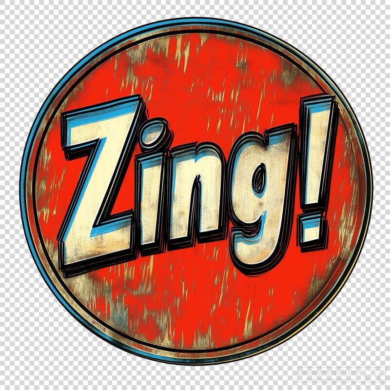 The vintage colored sign prominently features the word Zing in bold letters, set against a distressed red background. This artistic piece captures mid century design aesthetics and lively energy.