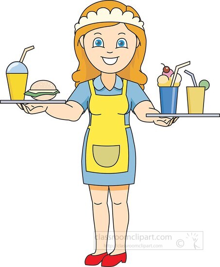 waitress holding serving trays with food and drinks