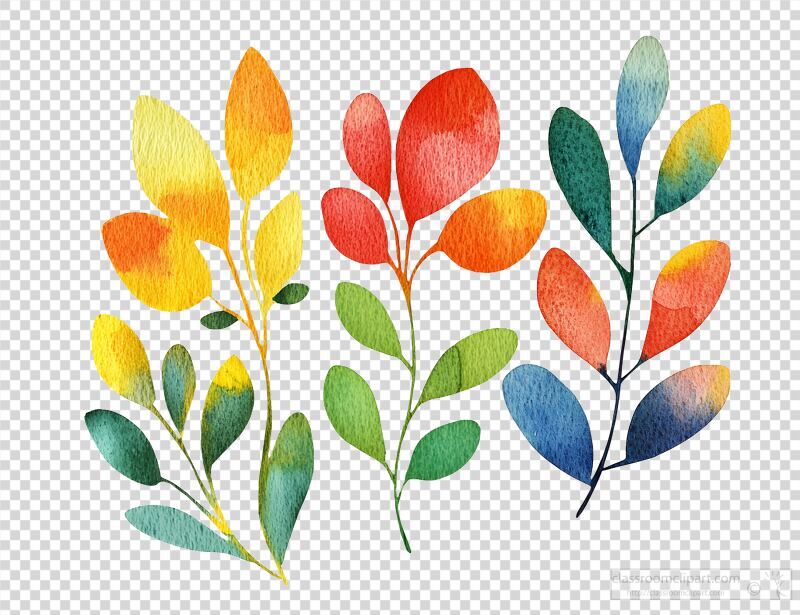 Watercolor illustration of colorful leaf branches in shades of yellow, red, green, and blue