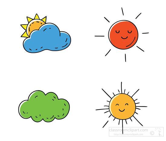 Weather Icons Set simple Cartoon sun cloud and rain clipart