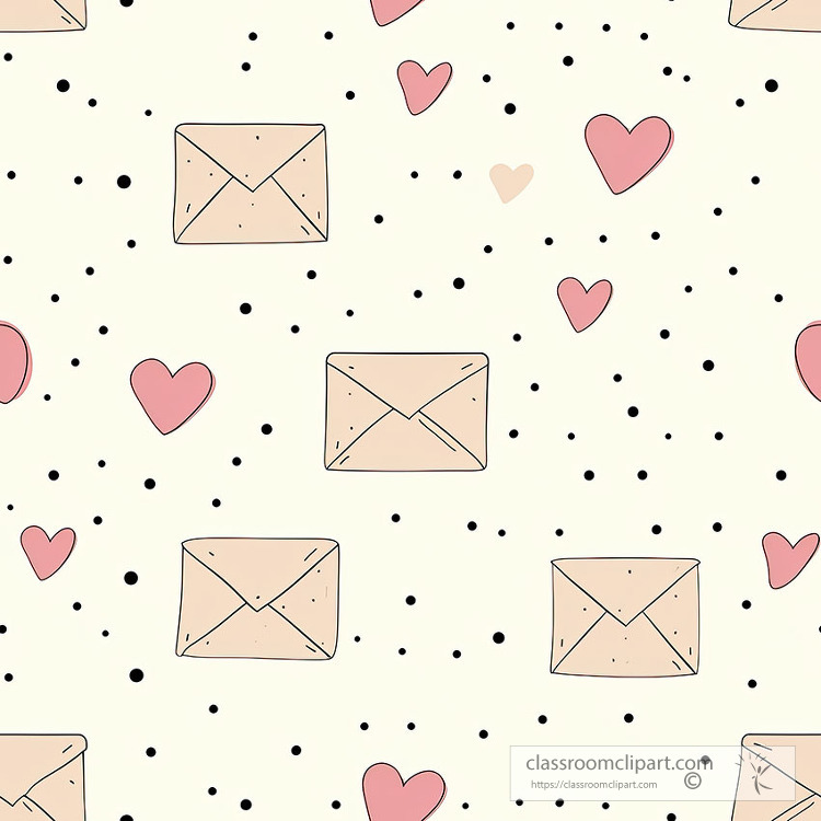 whimsical repeating pattern of sketched envelopes with heart clo