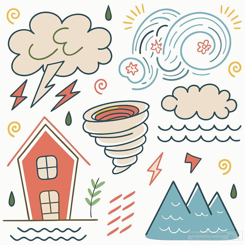 Colorful, hand drawn weather motifs depict storms, clouds, and mountains. A playful swirl of design showcases lightning, tornadoes, and raindrops, creating a vibrant composition.