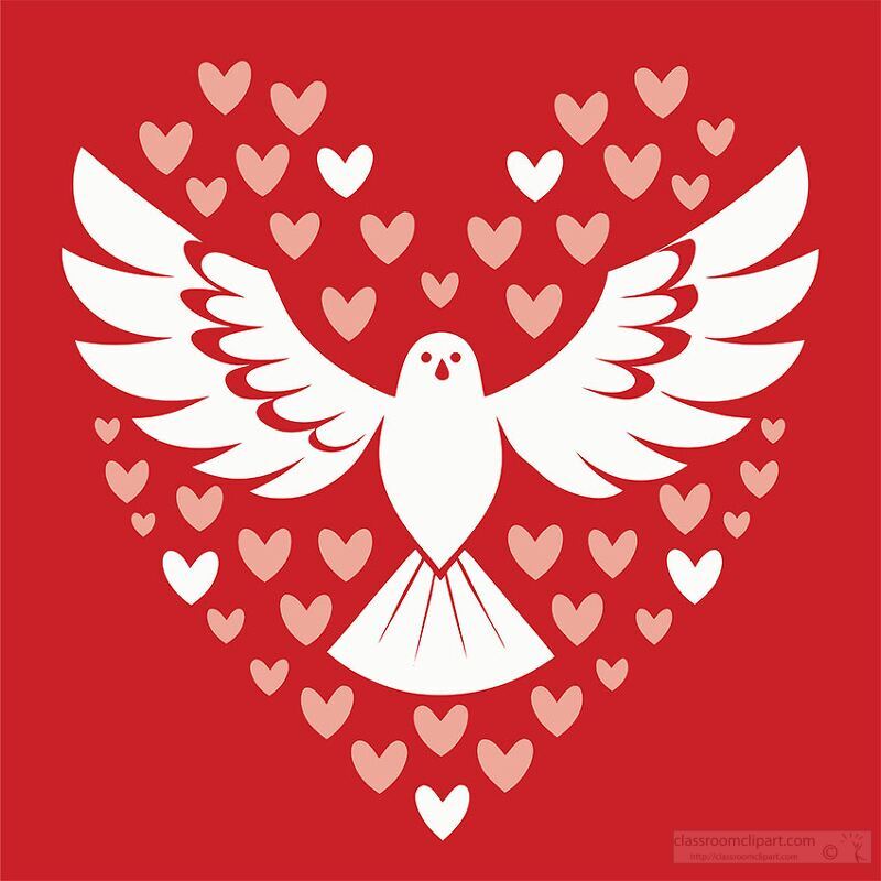 white dove with hearts on a red background representing love and