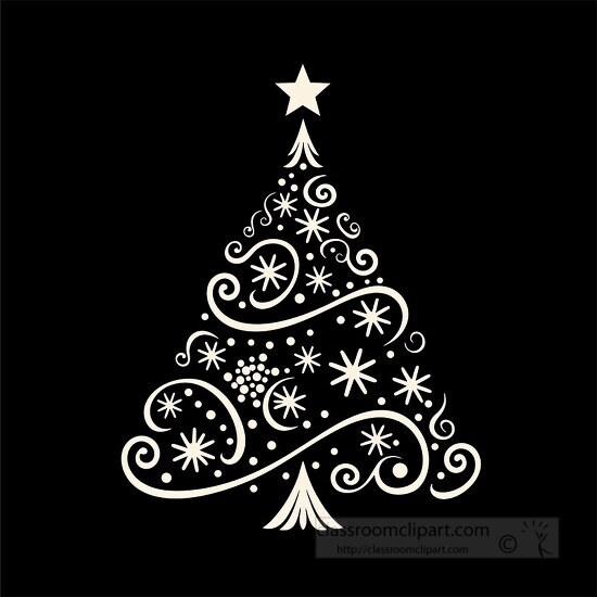 White floral and swirl patterned Christmas tree clipart on a bla