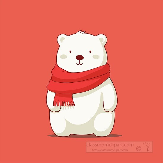 white polar bear with a red scarf stands against a coral background