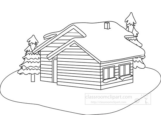winter cabin covered with snow trees black outline