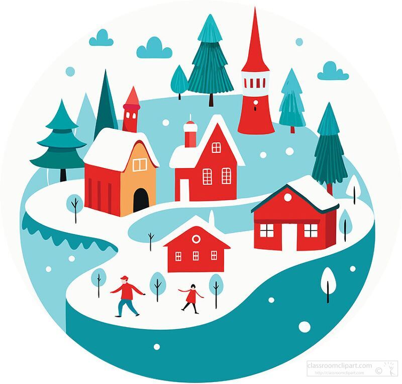 winter village; snowy scene; red houses; winter illustration; holiday town; snow-covered landscape; whimsical art