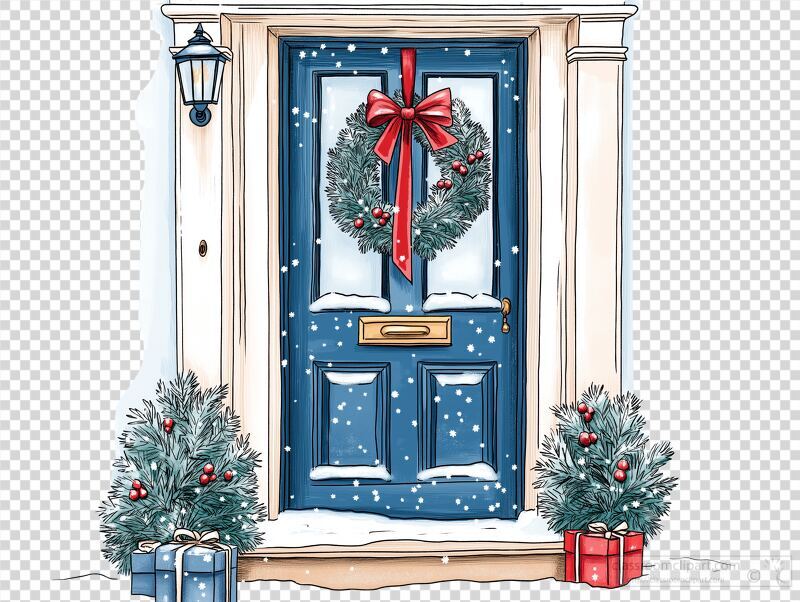 A beautifully adorned entryway features a winter wreath on a blue door, complemented by festive decorations, snow covered ground, and small Christmas trees beside the step.