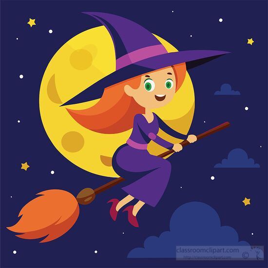 witch with flowing red hair flying across a starry night sky clipart