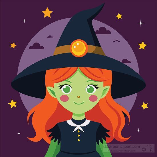 witch with orange hair and a pointed black hat smiles