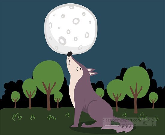 wolf in dark grassland looking toward full moon animal clipart