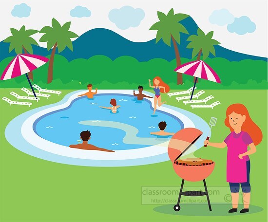 woman barbecues in backyard while people enjoy the swimming pool