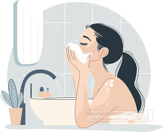 woman engaging in her skincare routine cleansing her face at a b