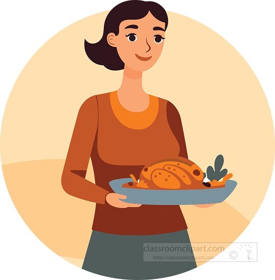 woman holding roasted turkey on a plate to celebrate thanksgivin
