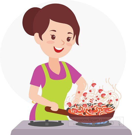 woman in a green apron is cooking a meal in a skillet clip art