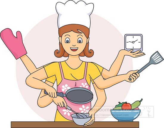 woman multitasking in kitchen clipart