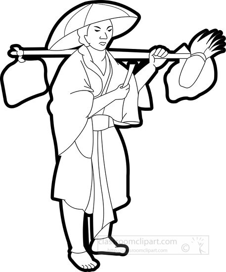 woman with carring pole ancient china outline printable clip art