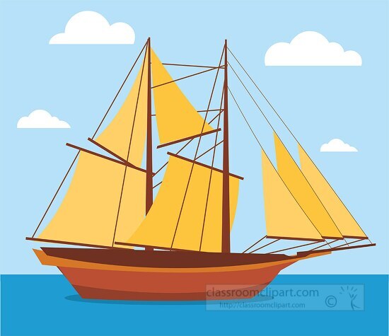 wooden sailing ship in motion witg sails fully extended