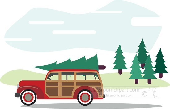 woodie wagon automobile with christmas tree on roof clipart