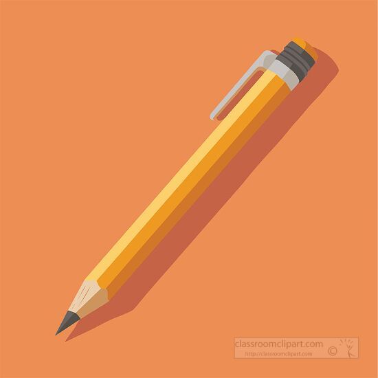 yellow pencil with a clip lying on an orange background clipart