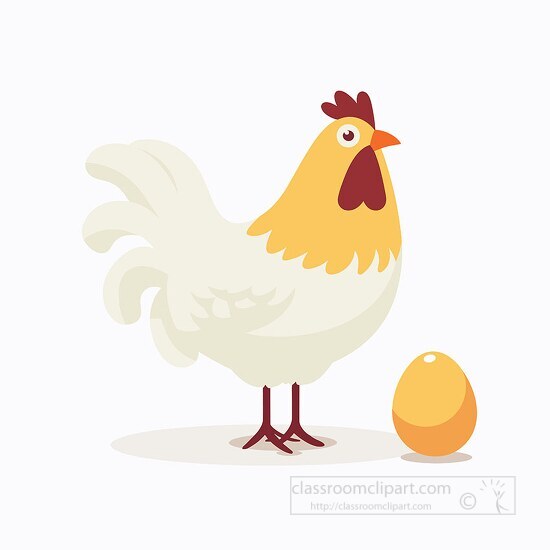 yellow white chicken standing next to an egg