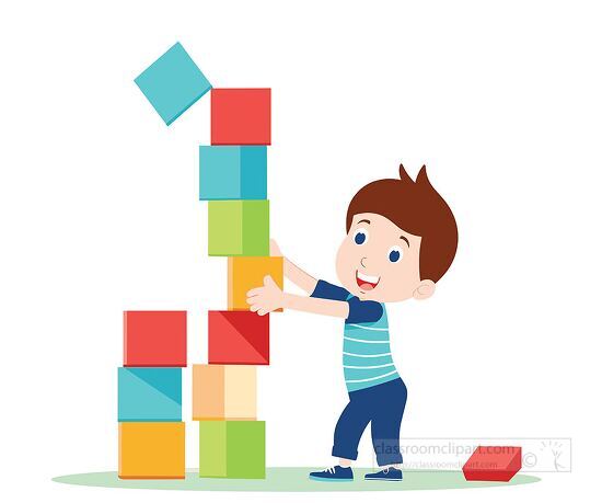 young boy building a tower with colorful blocks clipart