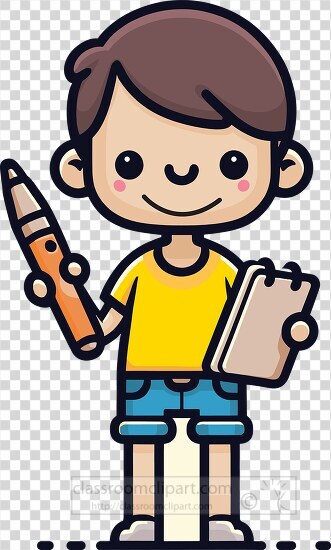 young boy cartoon character holds notebook with pencil