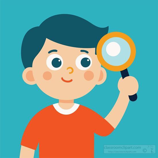 young boy holding a magnifying glass looking curious