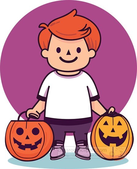 young boy holds two pumpkin shaped containers for treats
