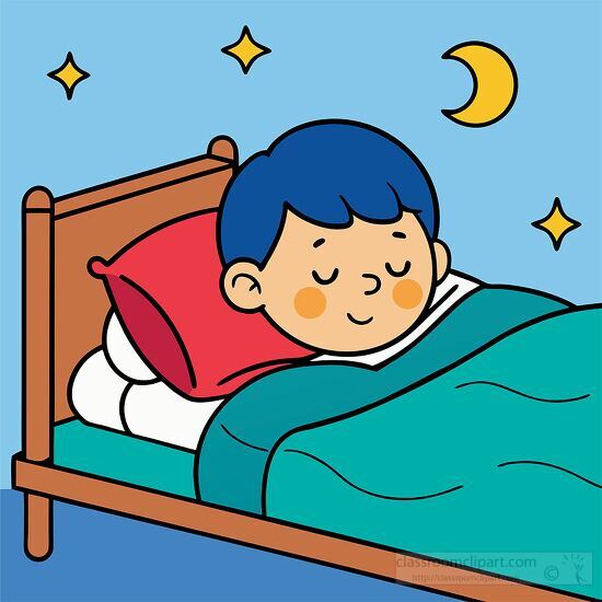 young boy in a cozy bed sleeps peacefully while stars twinkle in the night sky