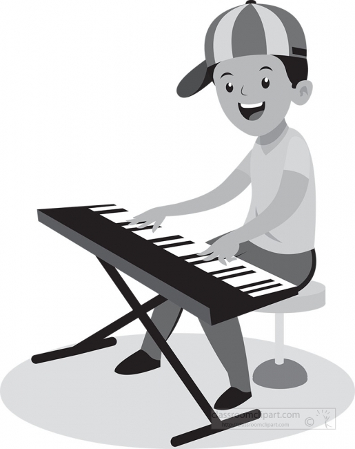 young boy musician playing musical instrument keyboard gray colo
