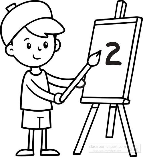 young boy painting in art class on an easel cartoon style