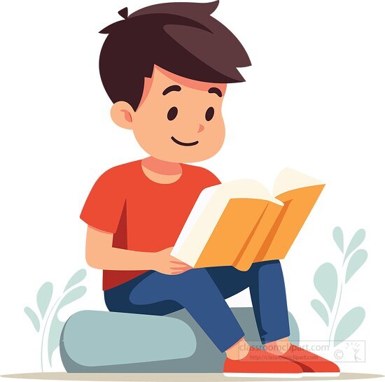 young boy sits on a rock holds an open book to study