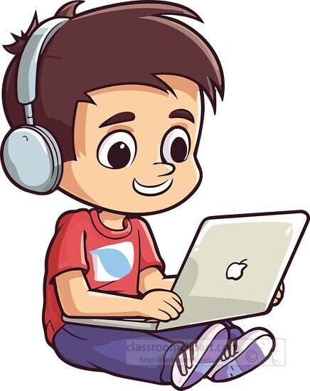 young boy wearing headphones sits on the floor with computer in 