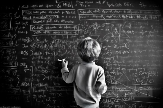 young child with chalk in hand faces a chalkboard covered with e