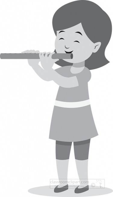 young girl musician playing musical instrument flute gray color 