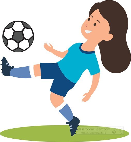 young girl soccer player kicks a ball with skill