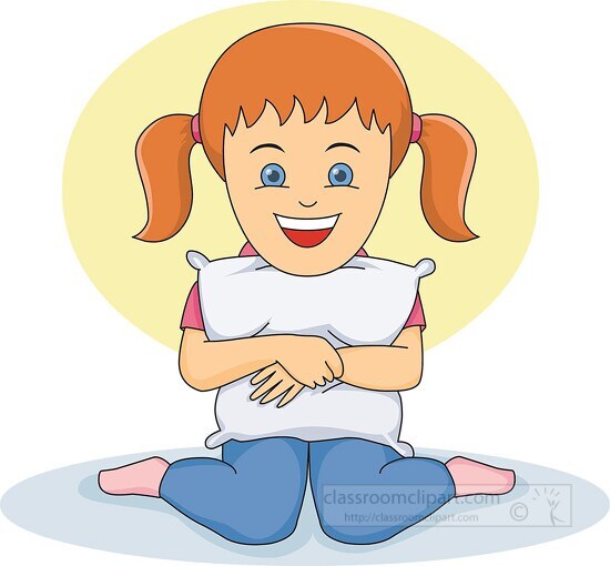 young happy girl holding a pillow in her arms clipart