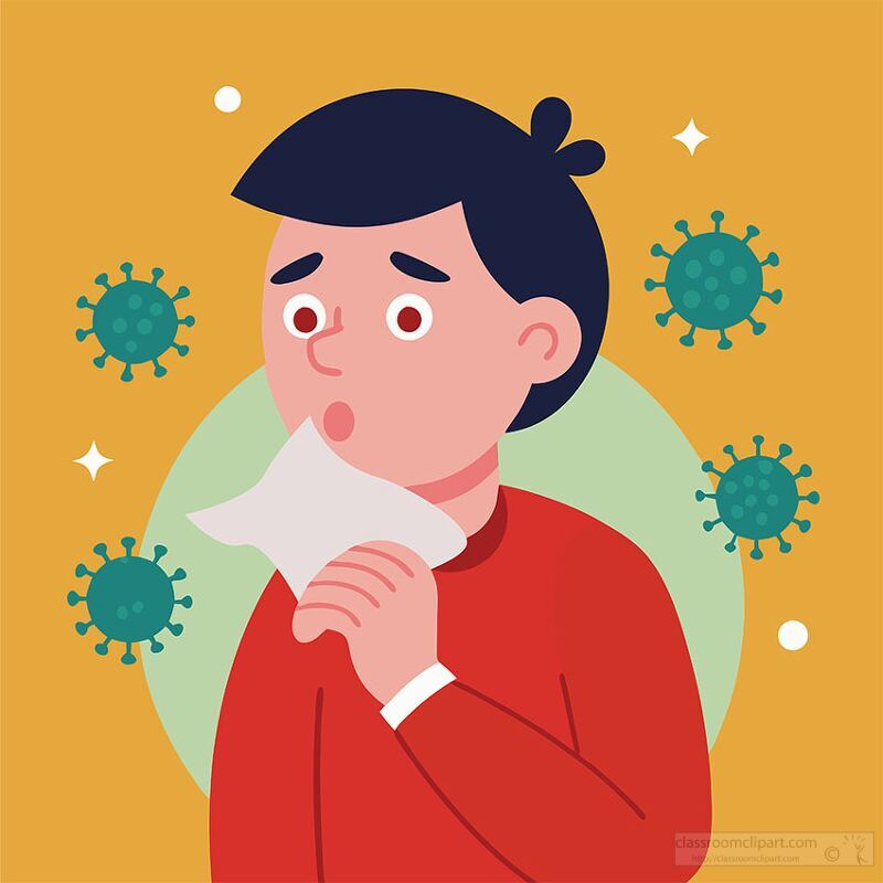 young man coughing with virus icons in the background