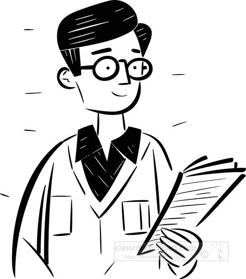 young student reads papers in his hand minimal line illustration