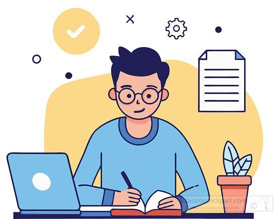 young student sits at a desk working on a school assignment