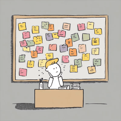  stressed office worker with sticky notes filled bulletin board