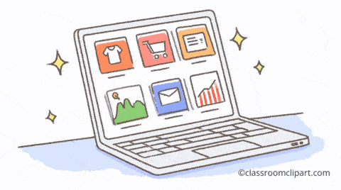 Animated laptop with colorful apps on screen