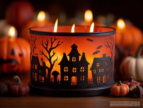 Halloween candle animation with haunted houses and pumpkins