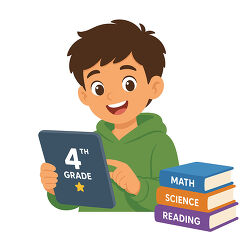 4th Grade Boy Using Tablet With Subject Books