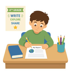 4th Grade Boy Writing Report At Desk