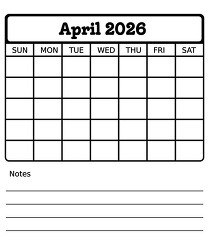 april 2026 blank calendar with notes printable