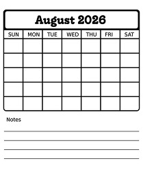august 2026 blank calendar with notes printable