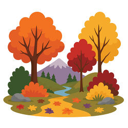 Autumn Mountain Landscape With River and Fallen Leaves