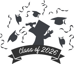 banner with class of 2026 graduate silhouette with caps in air c